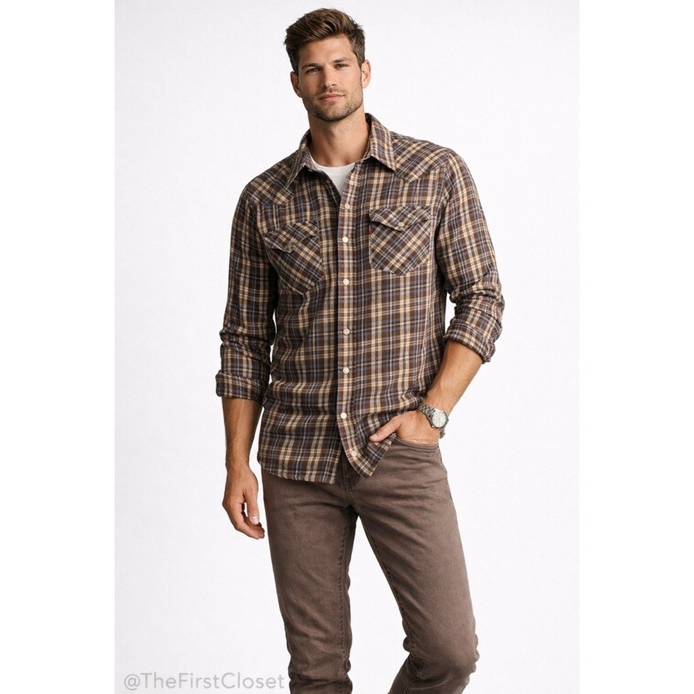 Levi's Men's Plaid Western Snap Button Long Sleeve Shirt Size XL Brown Blue Tan